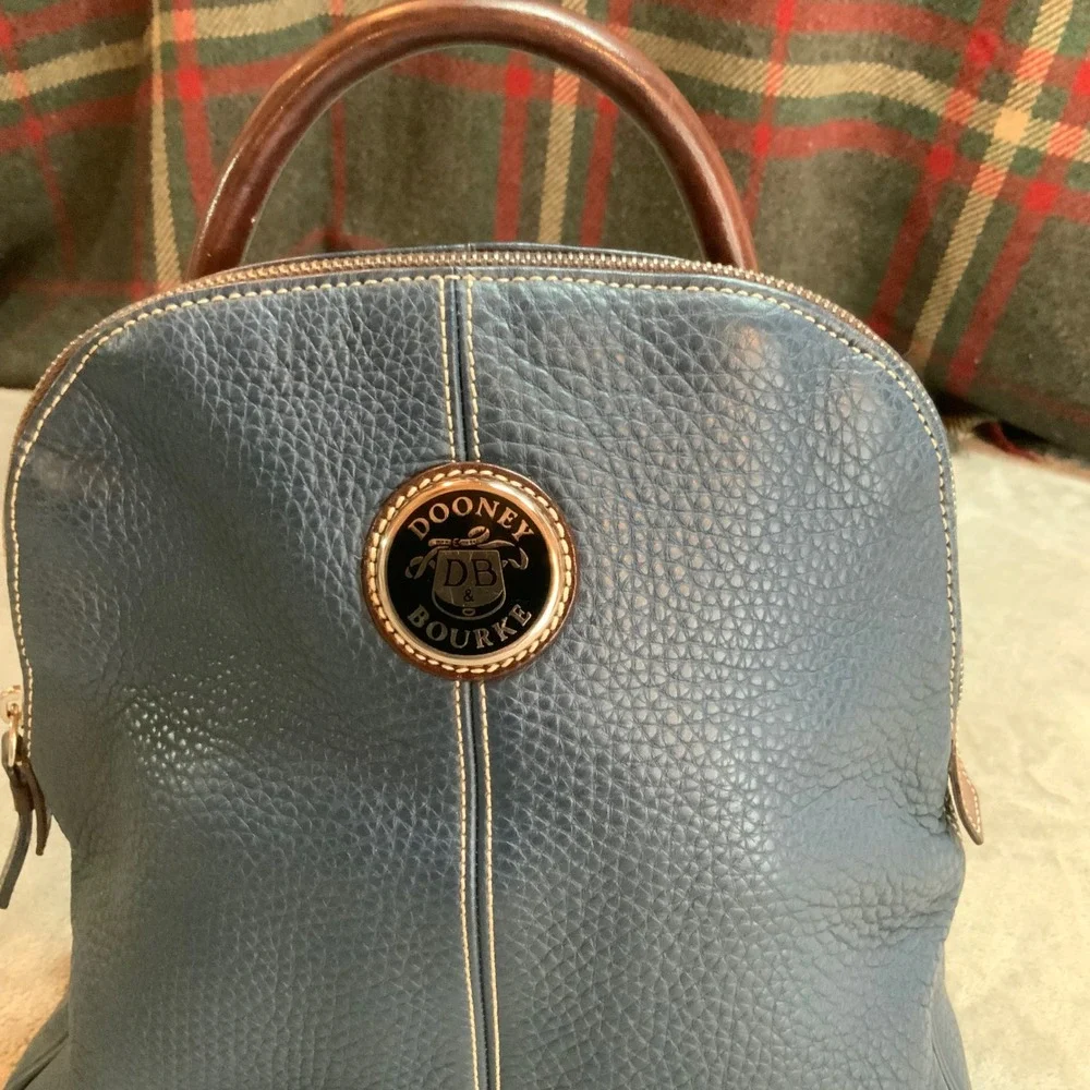 Dooney & Bourke Pebbled Leather Backpack Slate Blue Brown Trim Dome Bag